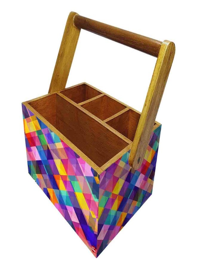 Nutcase Teak Wood Spoon Stand For Dining Table Cutlery Holder with handle For Kitchen Spoons Storage Box With Napkin Holder (6 x 8.6x 4.5 in) - Multicolor Checks - Image 1