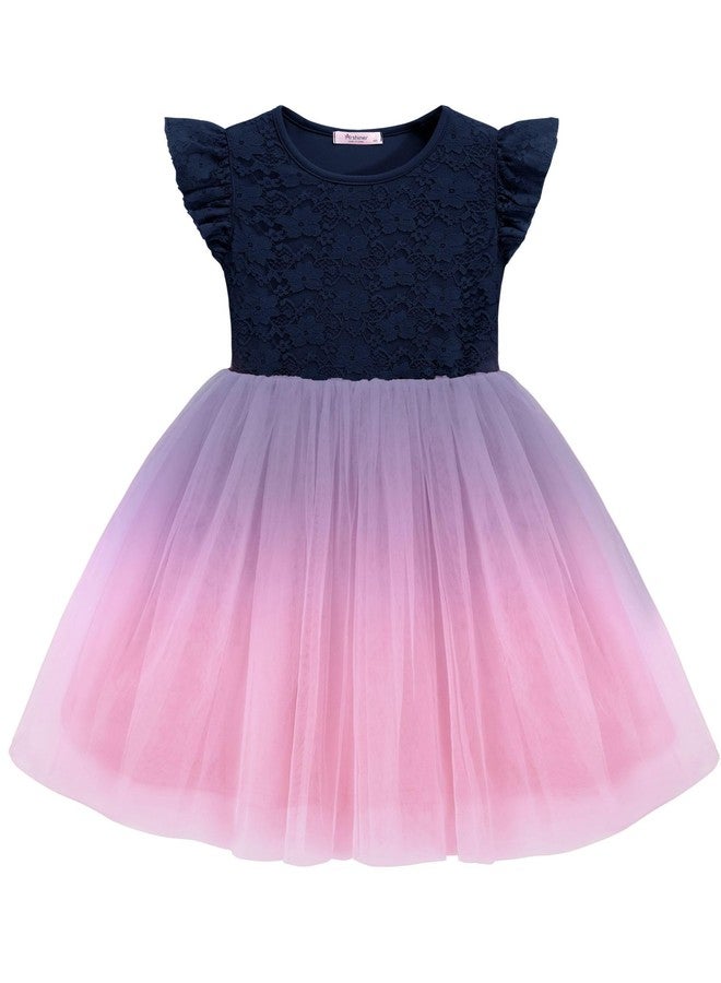 Arshiner فستان أرتشينر للبنات الصغيرات باللون الأزرق والوردي مع دانتيل وتول وكم قصير لحفلات الربيع الرسمية الفاخرة للفتيات 7-8 - Image 1