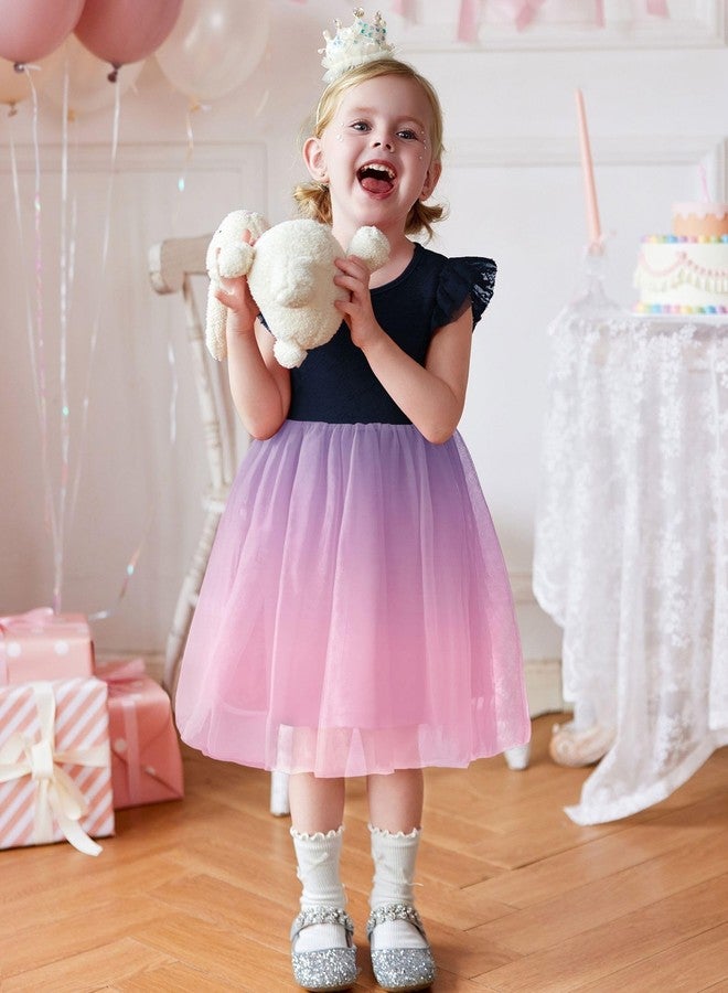 Arshiner فستان أرتشينر للبنات الصغيرات باللون الأزرق والوردي مع دانتيل وتول وكم قصير لحفلات الربيع الرسمية الفاخرة للفتيات 7-8 - Image 2