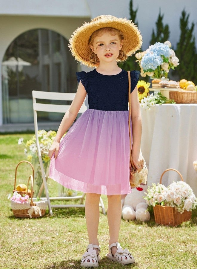 Arshiner فستان أرتشينر للبنات الصغيرات باللون الأزرق والوردي مع دانتيل وتول وكم قصير لحفلات الربيع الرسمية الفاخرة للفتيات 7-8 - Image 4