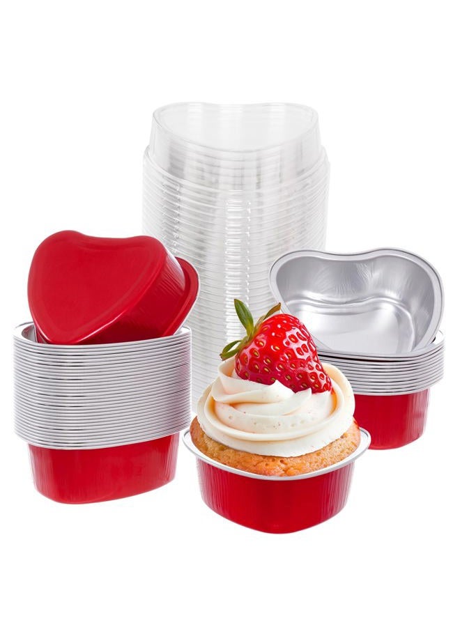 Sucrain 50 Set Aluminum Foil Heart Cake Pan with Lids, 3.4oz/100ml Mini Heart Shaped Cake Pans with Lids Disposable Valentine's Day Heart Shaped Cupcake for Valentine's Day Parties Wedding (50, Red) - Image 1
