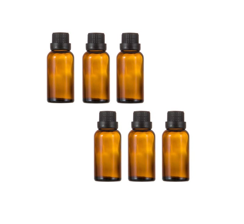 6Pcs Amber Glass Essential Oil Bottles with Orifice Reducer and Black Cap Empty Cosmetic Perfume Aromatherapy Storage Container Vial Pots Portable Refillable size 30ml1oz