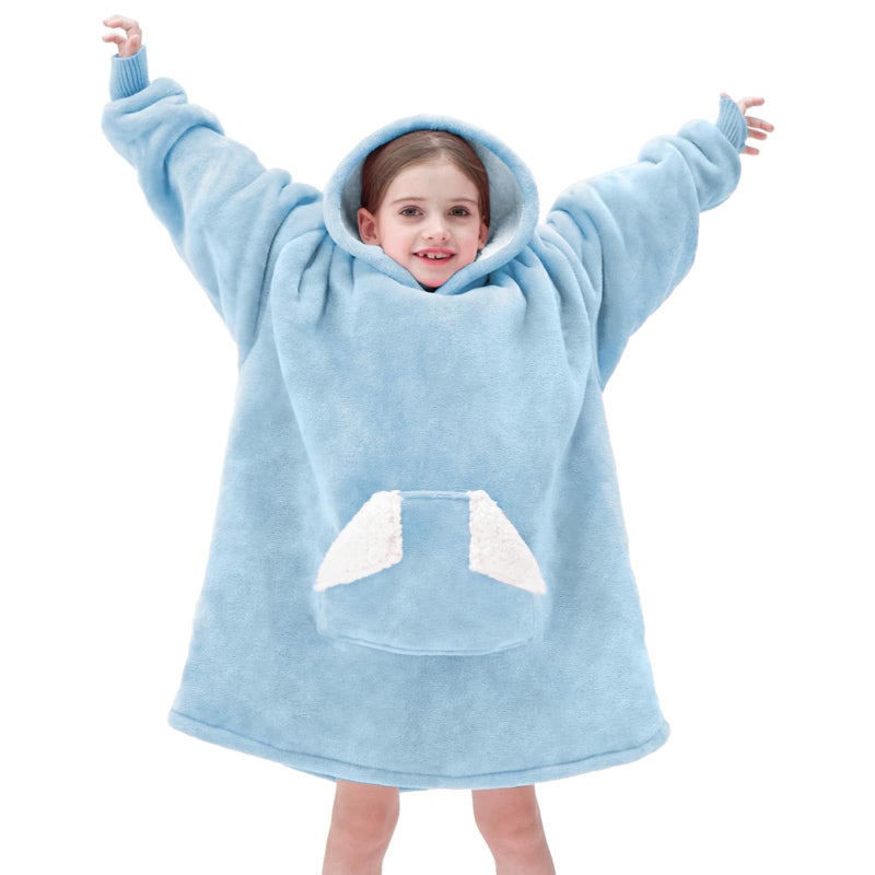 Touchat Wearable Blanket Hoodie Oversized Sherpa Blanket Sweatshirt with Hood Pocket and Sleeves Super Soft Warm Plush Hooded Blanket for Kids One Size Fits All Airy Blue