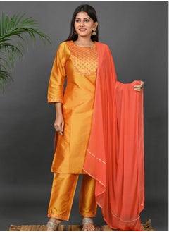 Riara Riara Embroidery Women Kurti Set With Dupatta Yellow Round Neck 2XL  - Image 1