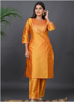 Riara Riara Embroidery Women Kurti Set With Dupatta Yellow Round Neck 2XL  - Image 4