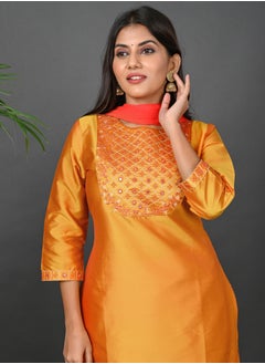Riara Riara Embroidery Women Kurti Set With Dupatta Yellow Round Neck 2XL  - Image 3