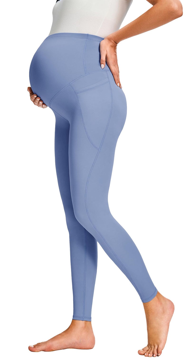 JOYSPELS Smooth Feeling Maternity Leggings Over The Belly with Pockets Workout Pregnancy Leggings Light Blue - Image 1