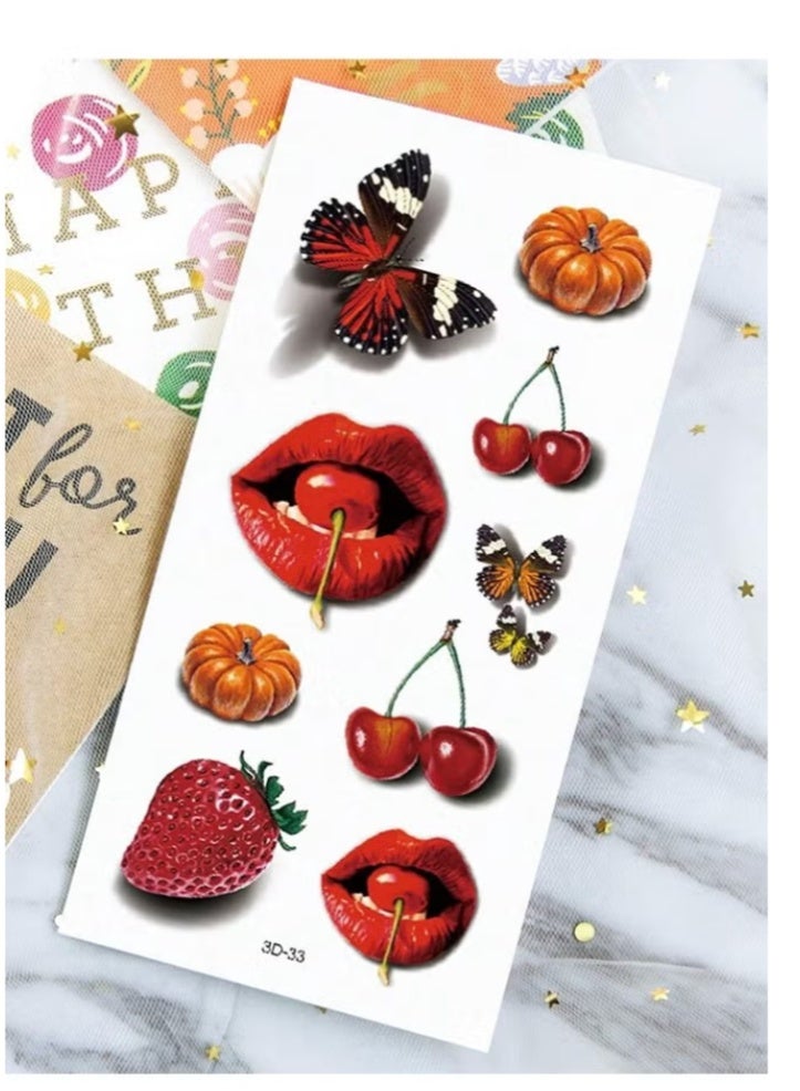 4 قطع من ملصقات الوشم المؤقت الكبيرة للنساء، نقشة شفاه حمراء، فراشة، وردة، فراولة، كرز، وشم صناعي بالماء، يدوم من 2 إلى 5 أيام، يمكن استخدامه على الذراعين، المعصمين، الأكتاف، الساقين، الخصر، الرقبة، اليدين، والفخذين - Image 3