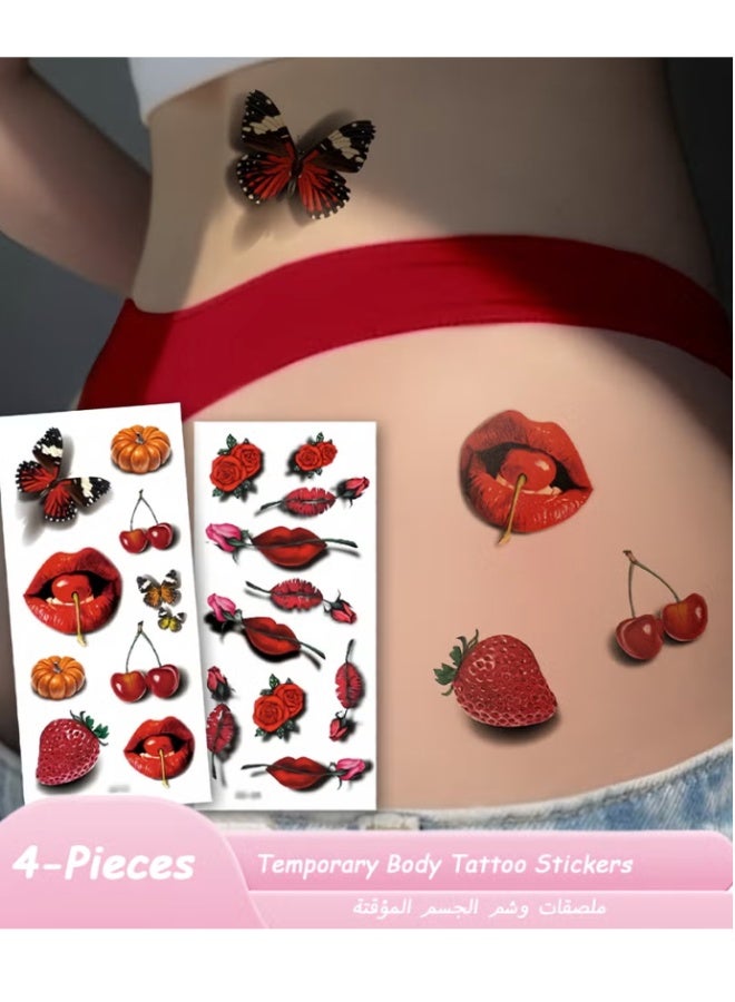 4 قطع من ملصقات الوشم المؤقت الكبيرة للنساء، نقشة شفاه حمراء، فراشة، وردة، فراولة، كرز، وشم صناعي بالماء، يدوم من 2 إلى 5 أيام، يمكن استخدامه على الذراعين، المعصمين، الأكتاف، الساقين، الخصر، الرقبة، اليدين، والفخذين - Image 1