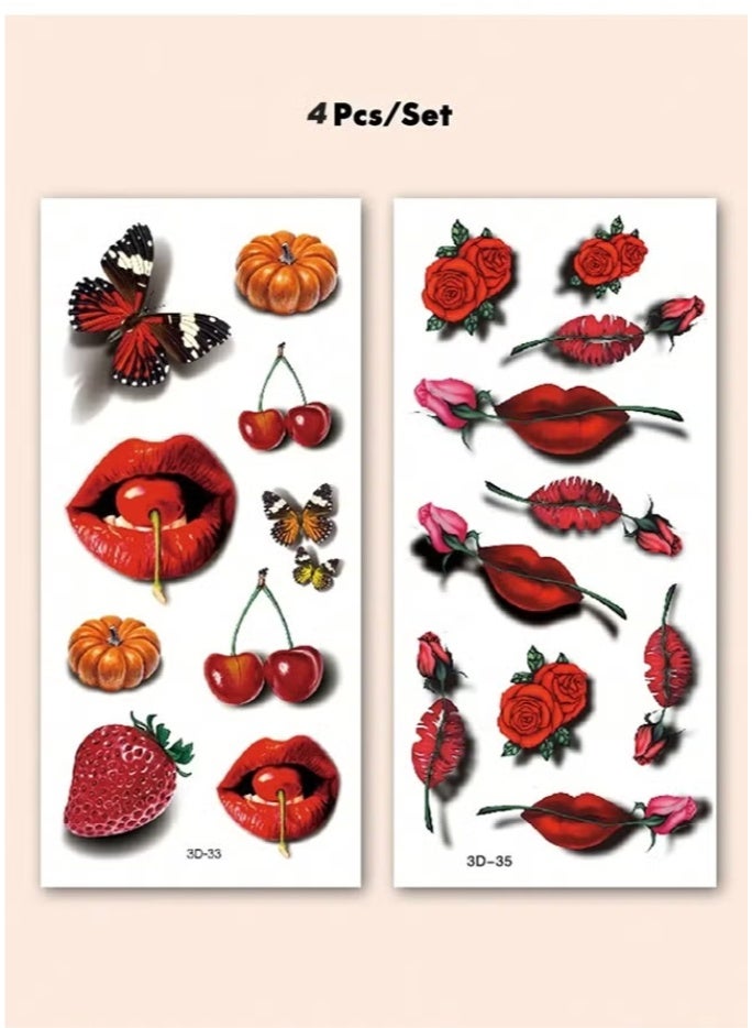4 قطع من ملصقات الوشم المؤقت الكبيرة للنساء، نقشة شفاه حمراء، فراشة، وردة، فراولة، كرز، وشم صناعي بالماء، يدوم من 2 إلى 5 أيام، يمكن استخدامه على الذراعين، المعصمين، الأكتاف، الساقين، الخصر، الرقبة، اليدين، والفخذين - Image 2
