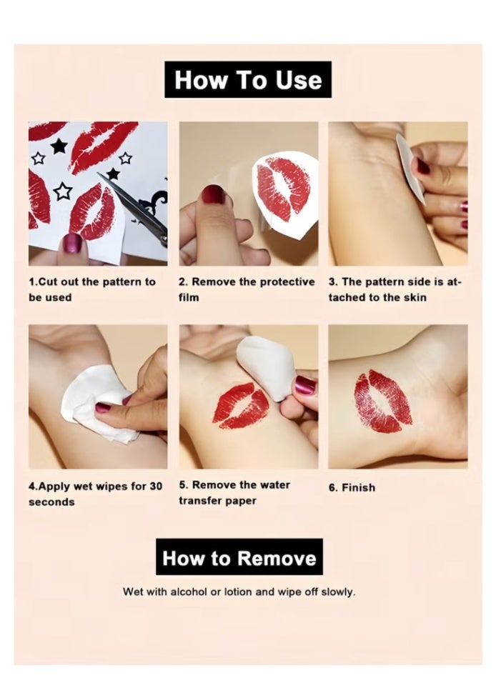 4 قطع من ملصقات الوشم المؤقت الكبيرة للنساء، نقشة شفاه حمراء، فراشة، وردة، فراولة، كرز، وشم صناعي بالماء، يدوم من 2 إلى 5 أيام، يمكن استخدامه على الذراعين، المعصمين، الأكتاف، الساقين، الخصر، الرقبة، اليدين، والفخذين - Image 4