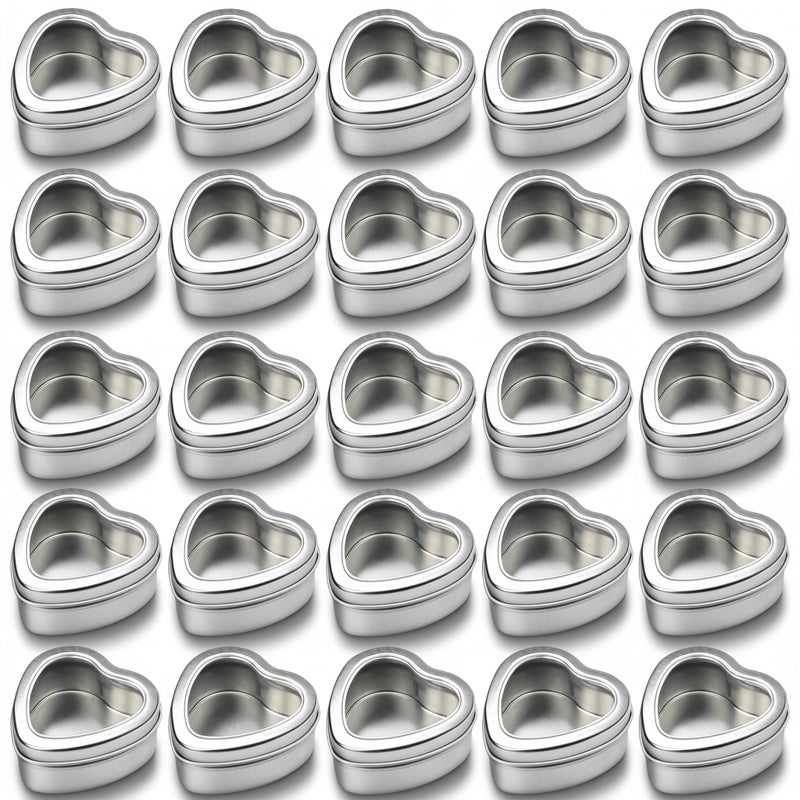 Thintinick 25-Pack 2oz Empty Heart Shaped Mini Metal Tins with Clear View Window Lids for Candle Making, Candies, Gifts & Treasures (Silver) - Image 1