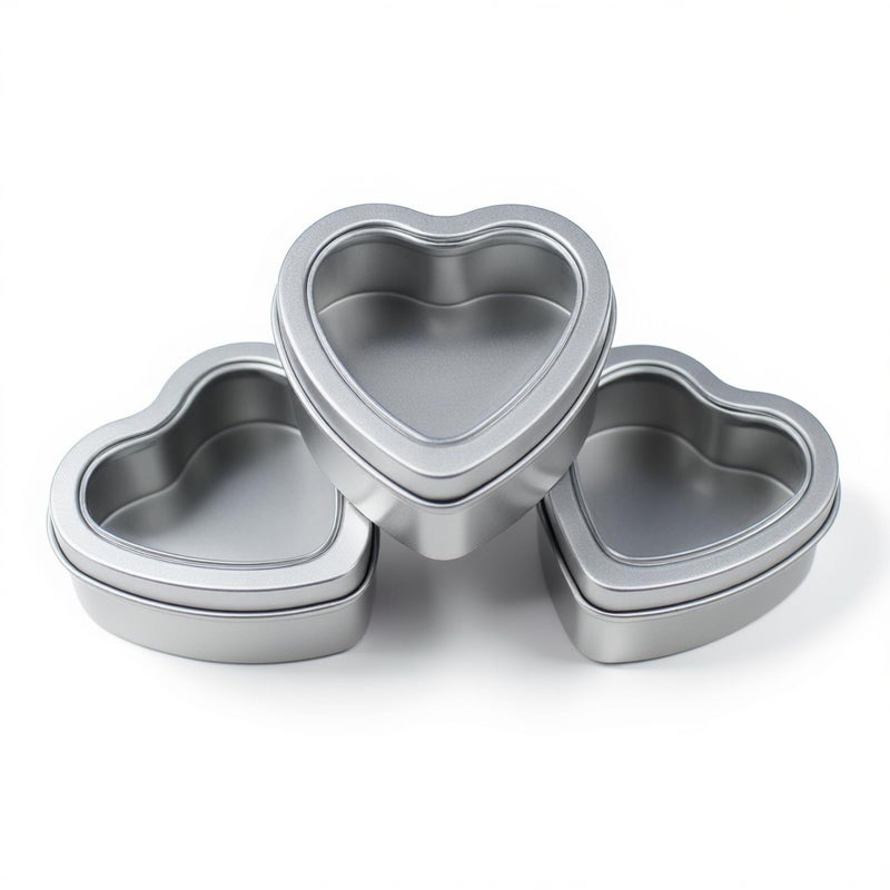 Thintinick 25-Pack 2oz Empty Heart Shaped Mini Metal Tins with Clear View Window Lids for Candle Making, Candies, Gifts & Treasures (Silver) - Image 5