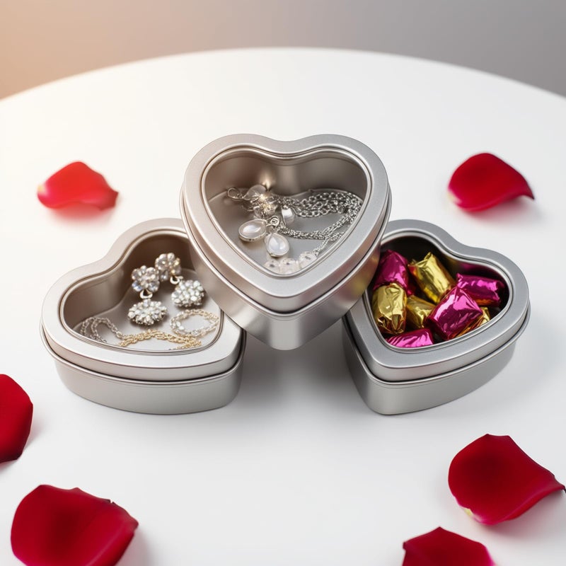 Thintinick 25-Pack 2oz Empty Heart Shaped Mini Metal Tins with Clear View Window Lids for Candle Making, Candies, Gifts & Treasures (Silver) - Image 2