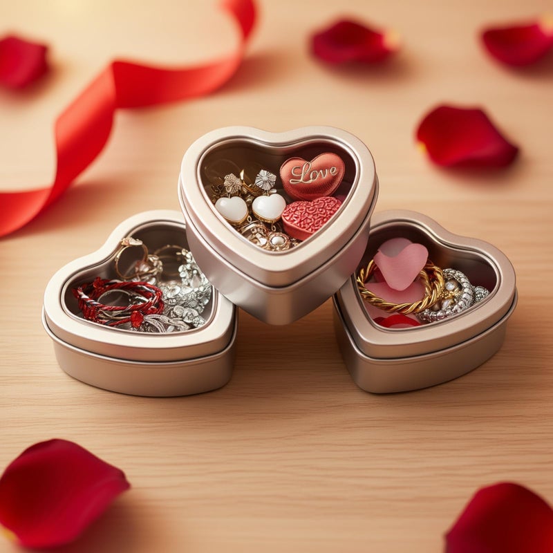 Thintinick 25-Pack 2oz Empty Heart Shaped Mini Metal Tins with Clear View Window Lids for Candle Making, Candies, Gifts & Treasures (Silver) - Image 3