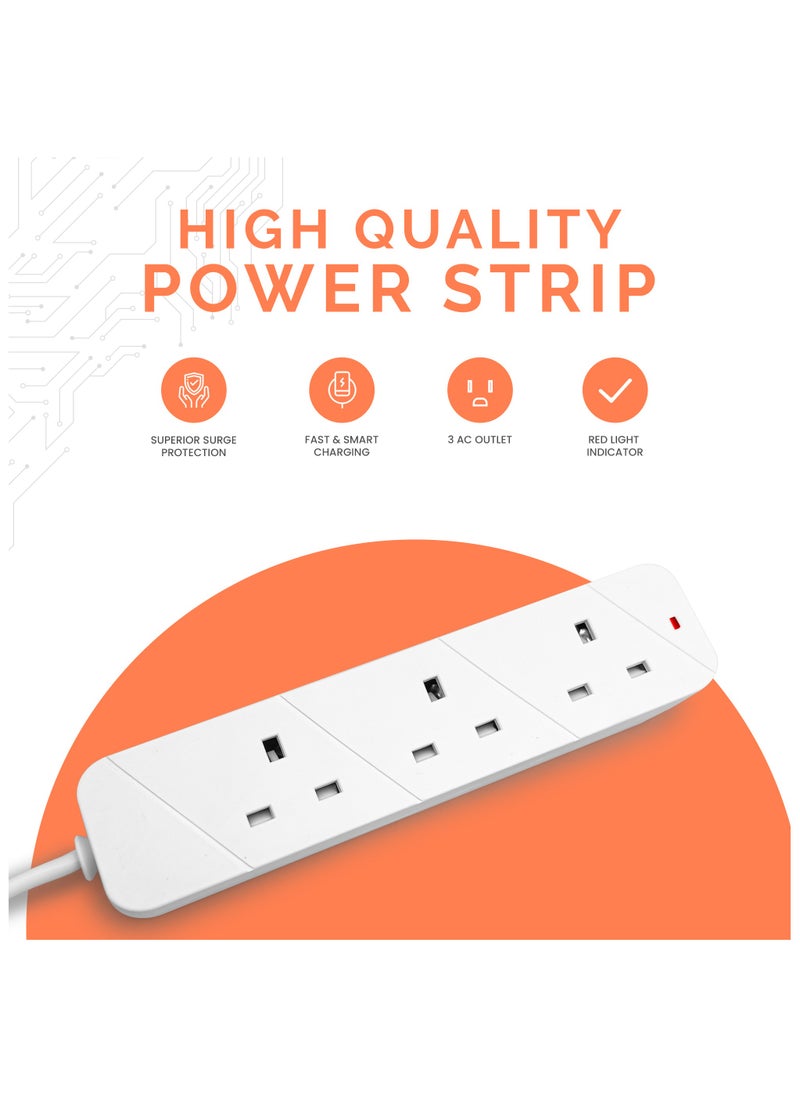 ELONSEY 3m Power Extension Cord with Surge Protector 3 Power Sockets, 3 Meter Power Strip, Extension Lead  - Image 2