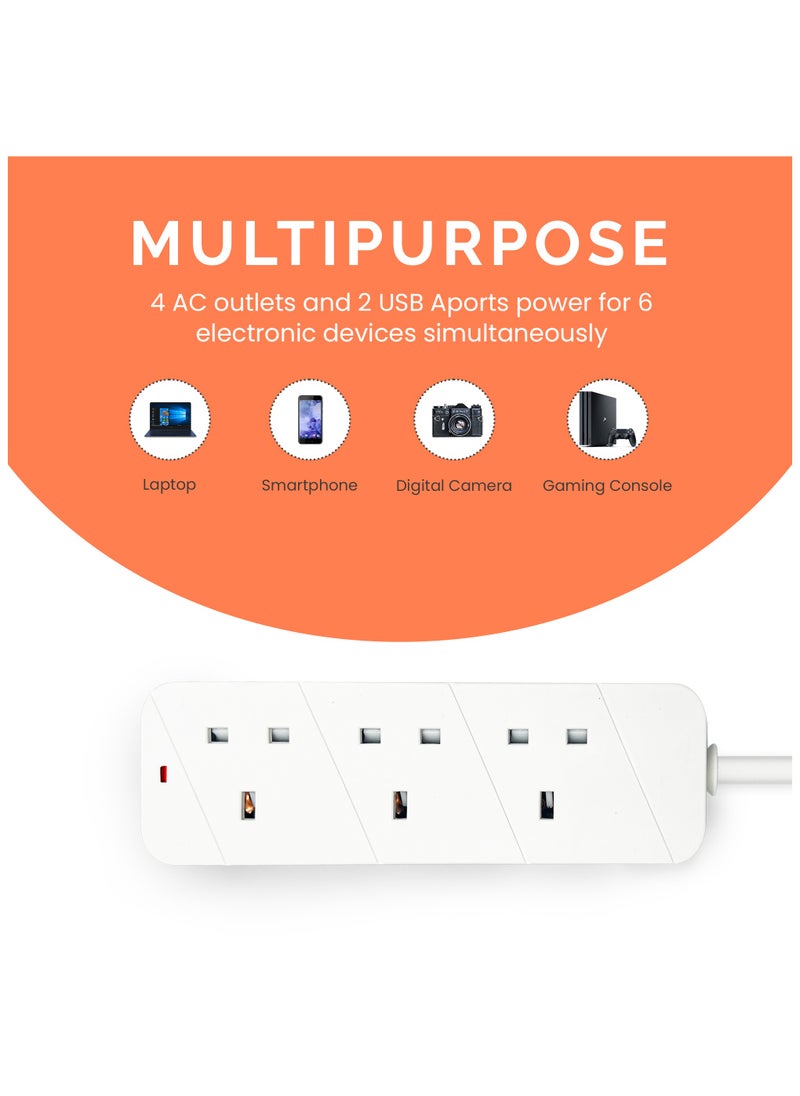 ELONSEY 3m Power Extension Cord with Surge Protector 3 Power Sockets, 3 Meter Power Strip, Extension Lead  - Image 4