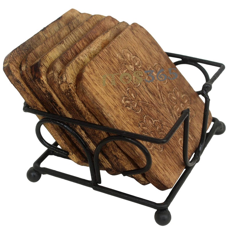 ITOS365 Coaster Set of 6 / Wooden Coaster with Holder for Coffee Table/Kitchen/Dining Table/Beer Glass - Image 1