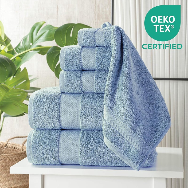 TEXTILOM 100% Turkish Cotton 6 Pcs Luxury Bath Towels for Bathroom, Soft & Absorbent Bathroom Towels Set (2 Bath Towels, 2 Hand Towels, 2 Washcloths)- Mid Blue - Image 2