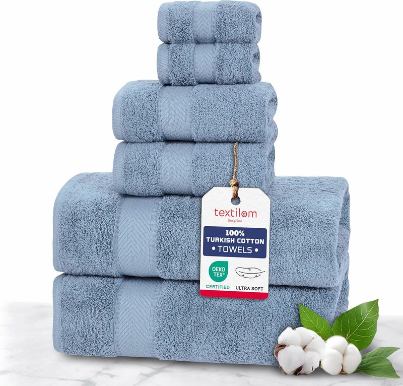 TEXTILOM 100% Turkish Cotton 6 Pcs Luxury Bath Towels for Bathroom, Soft & Absorbent Bathroom Towels Set (2 Bath Towels, 2 Hand Towels, 2 Washcloths)- Mid Blue - Image 1