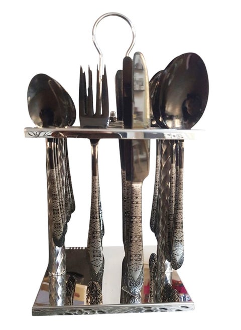 Dark Silver Spoons and Forks Set with Square Silver Stand shape 2 - 24 Pieces