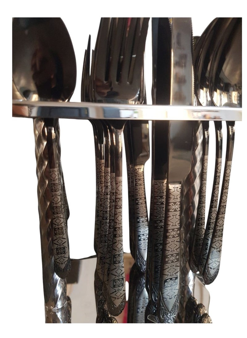 Dark Silver Spoons and Forks Set with Square Silver Stand shape 2 - 24 Pieces