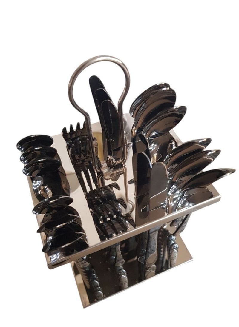 Dark Silver Spoons and Forks Set with Square Silver Stand shape 2 - 24 Pieces