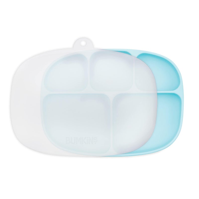 Bumkins Toddler and Baby Suction Plate, Silicone Divided Grip Dish and Lid, Large 5-Section Tray for Kids, Essentials in Children Feeding Supplies, Non Skid Stick Bottom, for Ages 6 Months Up, Blue - Image 1