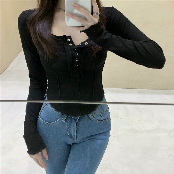 Long-sleeved T-shirt Women's 2021 Early Autumn Pure Desire Style Square Collar Small Face Slim-fit Good Figure Slimming Base Shirt Top Foreign Trade - Image 1