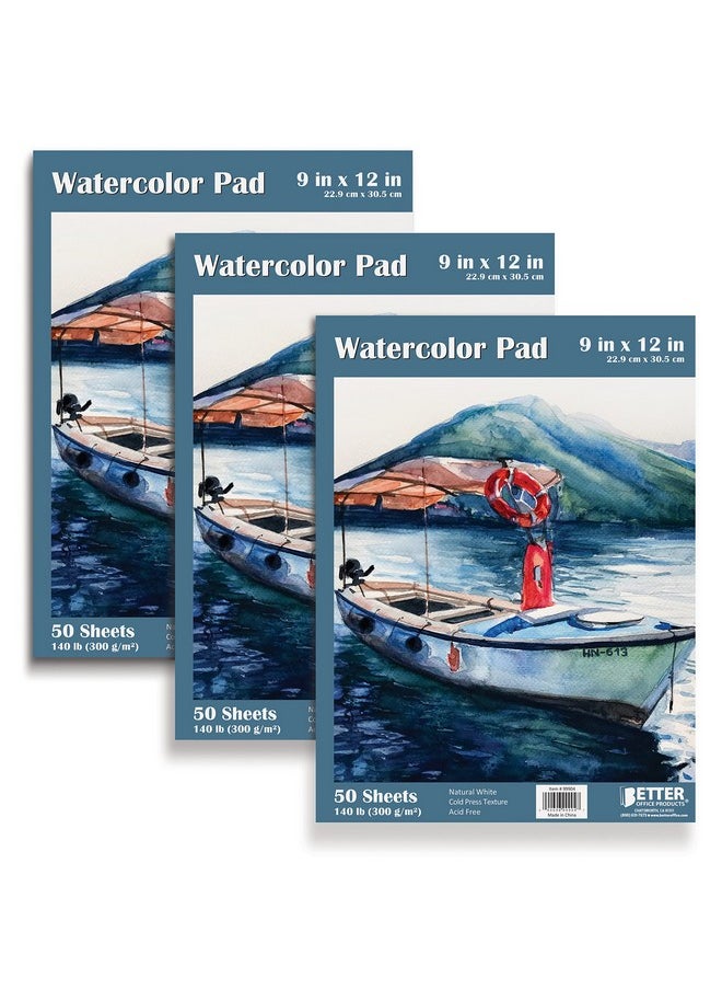 Better Office Products - 9" X 12" Watercolor Pad, 3 Pack (150 Extra Heavyweight Sheets), 140 Lb/300Gsm, Gaouche Book With Fold-Over Cover, Gum Bound Easy Tear, Acid Free, Cold Press, Natural White - Image 1