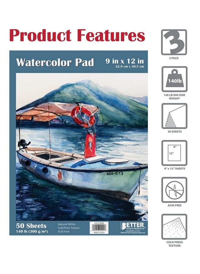 Better Office Products - 9" X 12" Watercolor Pad, 3 Pack (150 Extra Heavyweight Sheets), 140 Lb/300Gsm, Gaouche Book With Fold-Over Cover, Gum Bound Easy Tear, Acid Free, Cold Press, Natural White - Image 1