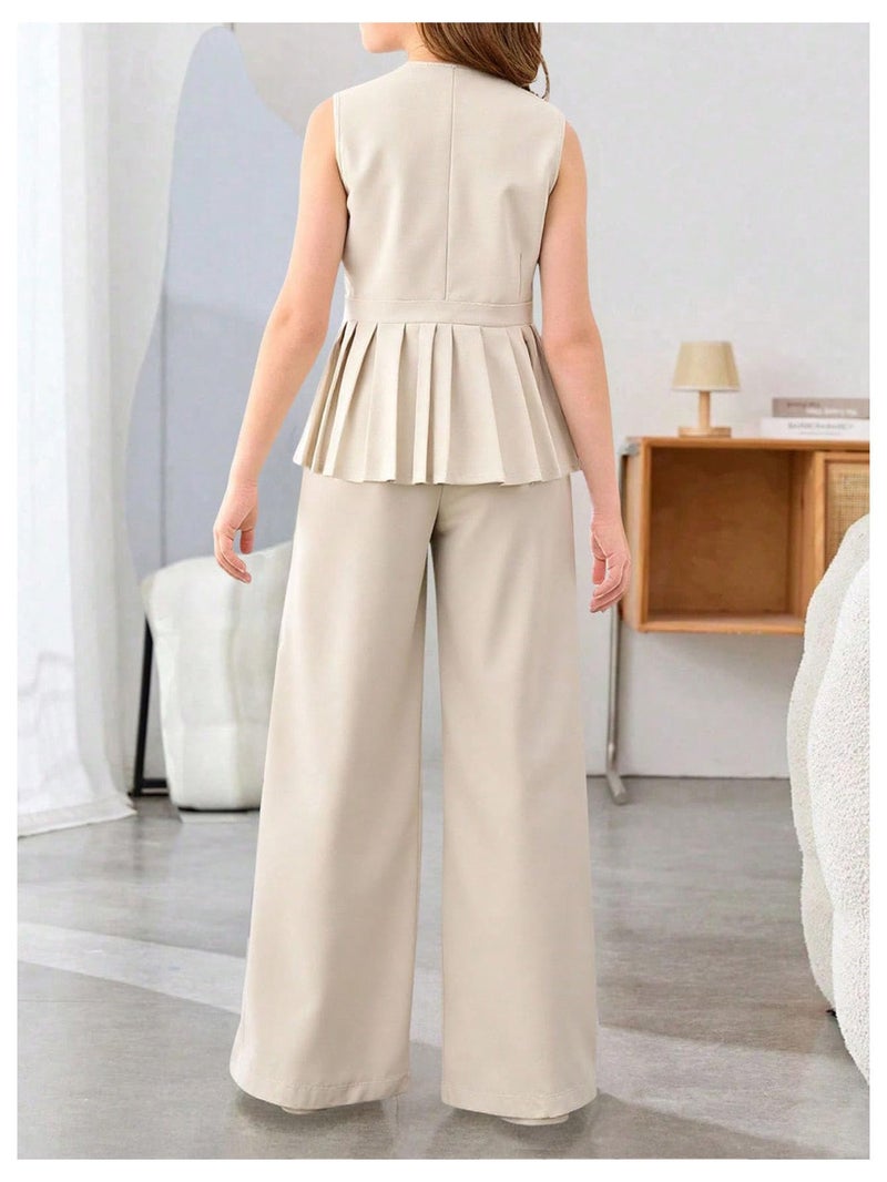 Floerns Girl's 2 Piece Outfit Elegant V Neck Button Up Suit Vest with Wide Leg Pants Set Beige 12Y - Image 2