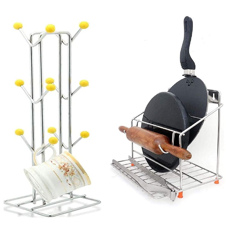 CR18 COLLECTION CR18 COLLECTION Chakla Belan and Tawa Stand for Kitchen 100 RustFree Stainless Steel Rolling Pin Board Holder Wall Mount Stand 4 in1 Holder with Traditional Cup Holder - Image 1