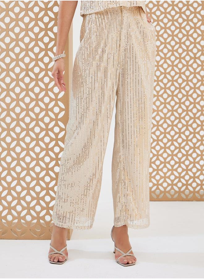 Styli Cream Wide Leg Sequin Pants  - Image 2