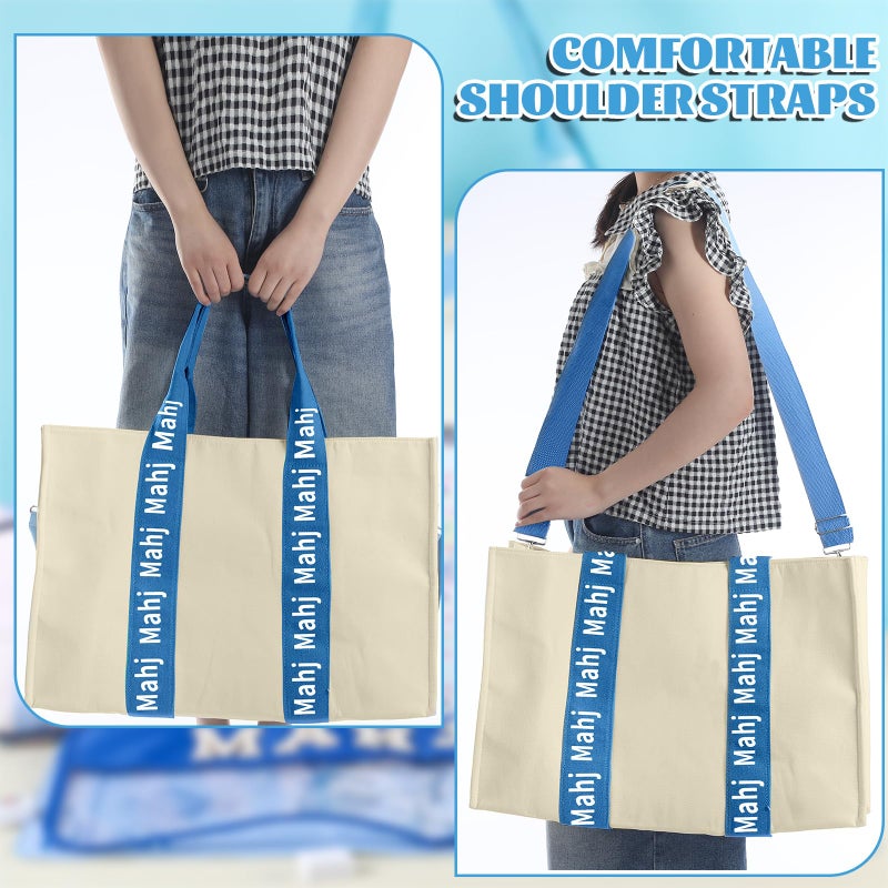Locmeo Empty Mahjong Bag for Tiles 22x15x6 Inches Thickened Canvas Mahjong Carrying Tote Bag with Lining and Thicker Handle for Enthusiasts Women or Men Party Supplies, Case Only(White and Light Blue) - Image 5