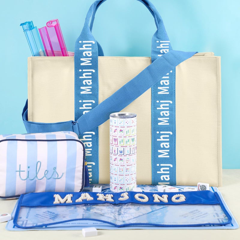 Locmeo Empty Mahjong Bag for Tiles 22x15x6 Inches Thickened Canvas Mahjong Carrying Tote Bag with Lining and Thicker Handle for Enthusiasts Women or Men Party Supplies, Case Only(White and Light Blue) - Image 4