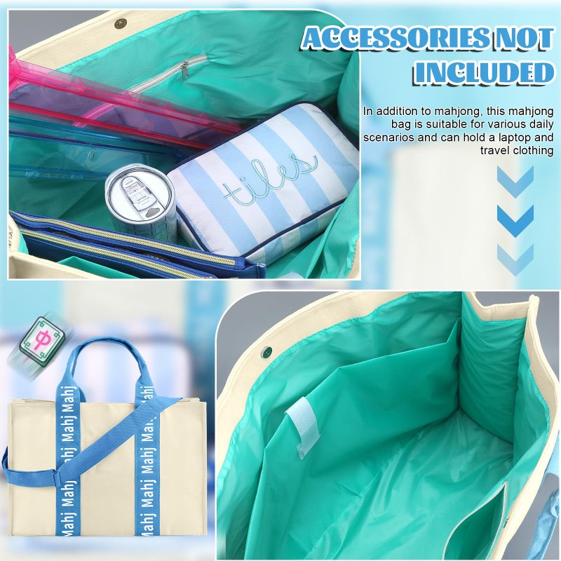 Locmeo Empty Mahjong Bag for Tiles 22x15x6 Inches Thickened Canvas Mahjong Carrying Tote Bag with Lining and Thicker Handle for Enthusiasts Women or Men Party Supplies, Case Only(White and Light Blue) - Image 3
