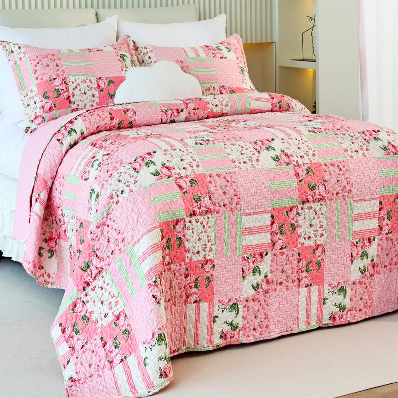 Cmfshape Garden Floral Quilt Bedspread Twin Size1 Piece Patchwork Pink Quilt Set with 1 Pillow ShamSummer Bedding Set for Girls WomenSoft Lightweight Bed Coverlet for All SeasonsTwin68x86 Pink