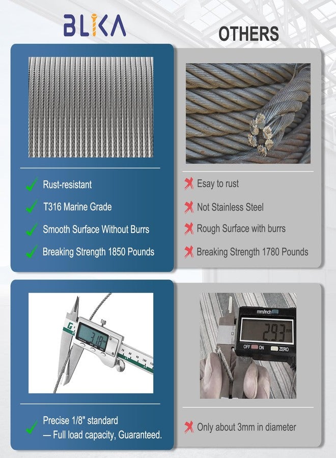 BLIKA 300FT 1/8" Deck Railing Cable with Cable Cutter, T316 Stainless Steel Cable with 7x7 Strands Construction, 1850lbs Breaking Strength Aircraft Cable, 1/8" Stainless Cable, DIY Balustrades - Image 3