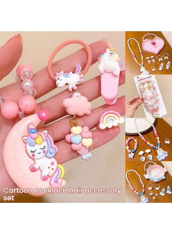 Kids' Unicorn Themed Cartoon Jewelry Set Necklace Hair Ties and Clips in Cute Storage Box A Delightful Accessory Collection - Image 1