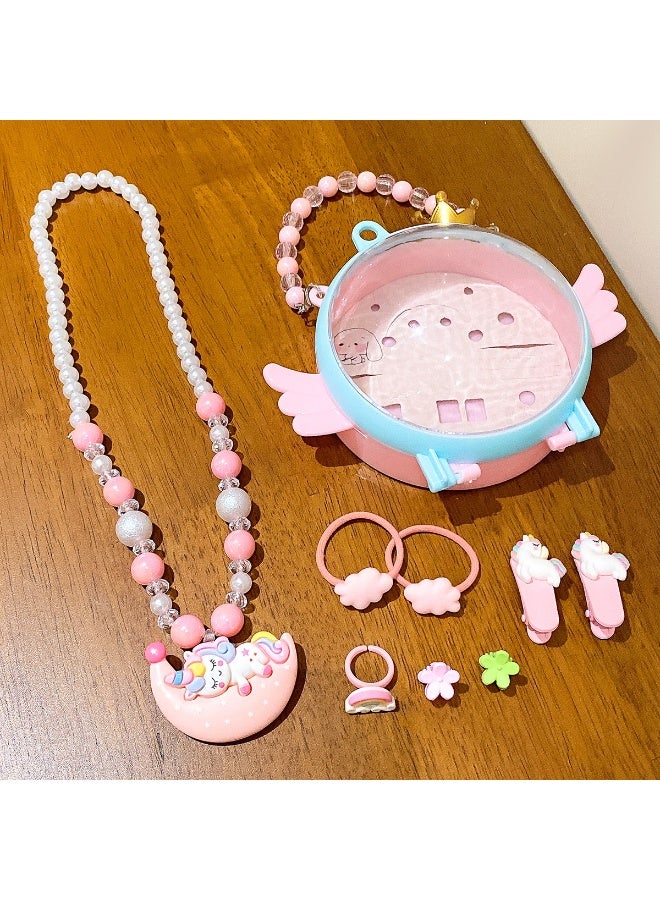 Kids' Unicorn Themed Cartoon Jewelry Set Necklace Hair Ties and Clips in Cute Storage Box A Delightful Accessory Collection - Image 2