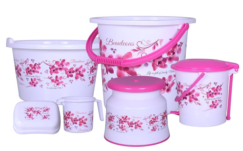 XML Bathroom Set Plastic Bucket Tub Patla Soap Case Mug and Dustbin Standard Quality Bucket20 Litre Tub19 LTR Dustbin65 LTR Round Patla Mug1100 Ml Set of 6 - Image 1