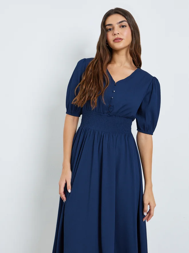 Styli Styli Dark Blue Textured V Neck A-Line Midi Dress