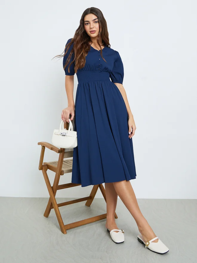 Styli Styli Dark Blue Textured V Neck A-Line Midi Dress