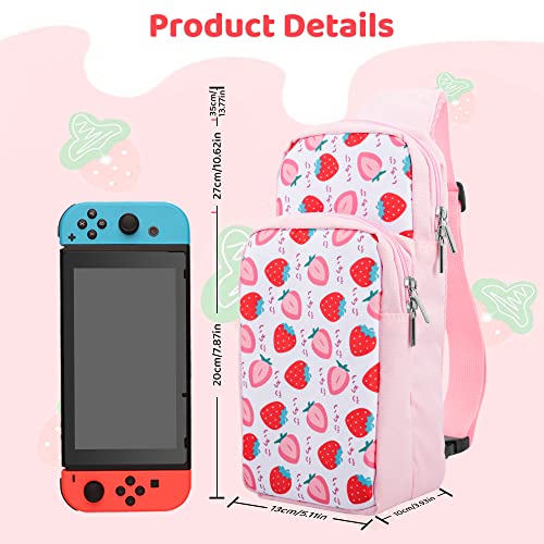 RHOTALL Pink Strawberry Travel Bag for Nintendo Switch/Lite/OLED/2,Large Capacity Portable Carrying Case Compatible for Chest Shoulder Accessories Storage Backpack with 12 Slots Game Case,Thumb Caps - Image 3