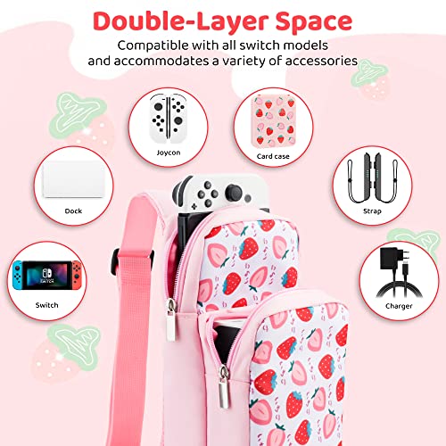 RHOTALL Pink Strawberry Travel Bag for Nintendo Switch/Lite/OLED/2,Large Capacity Portable Carrying Case Compatible for Chest Shoulder Accessories Storage Backpack with 12 Slots Game Case,Thumb Caps - Image 2