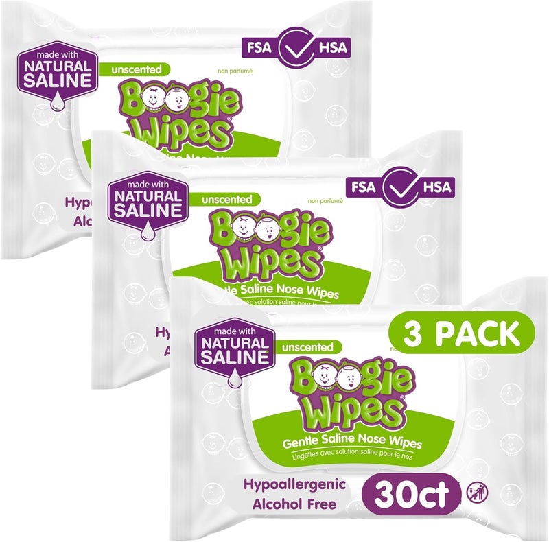 Boogie Saline Nose Wipes by , for Baby & Kids, Face, Hand & Body, Made with Vitamin E, Aloe, and Natural Saline, Unscented, 30 Count (Pack of 3) - Image 1