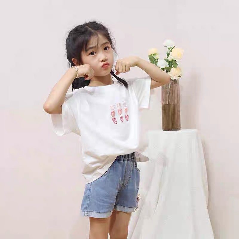 Girls' Pure Cotton Clothing T-Shirt Kidsren'S 2026 Korean Style White Embroidered Round Neck Top Baby Girl Summer Loose T-Shirt - Image 5