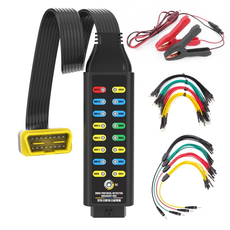 صندوق تفريغ OBD2 الاحترافي صندوق تفريغ OBDII بروتوكول الطاقة وكاشف الأرضيات صندوق تفريغ للطاقة للسيارة 16 دبوس CAN صندوق تفريغ السيارات مع جاك بانانا 4 مم كابل بطول 18 بوصة 4 مجموعات من أسلاك التوصيل