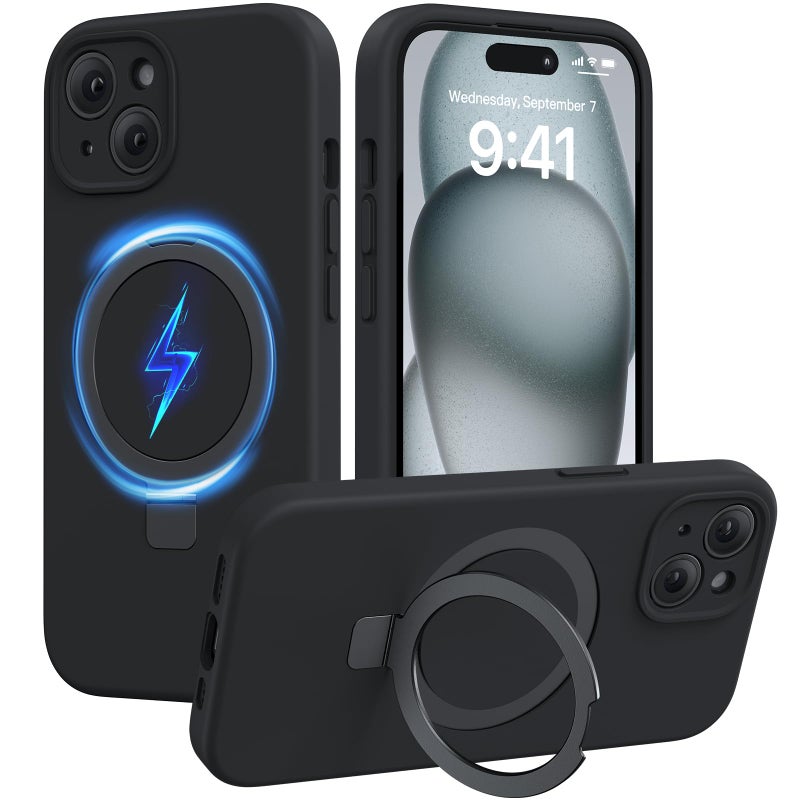 Miracase for iPhone 15 Case with Stand, Compatible with All MagSafe Accessories, Liquid Silicone Case Gel Rubber Shockproof Drop Protection Phone Case for iPhone 15, Black Mag-Stand - Image 1